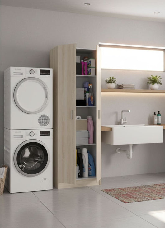 Armadio multiuso Aragorn, Mobile ausiliario a 2 ante, Portascarpe con 3 ripiani, Scarpiera alta moderna, cm 59x37h180, Rovere