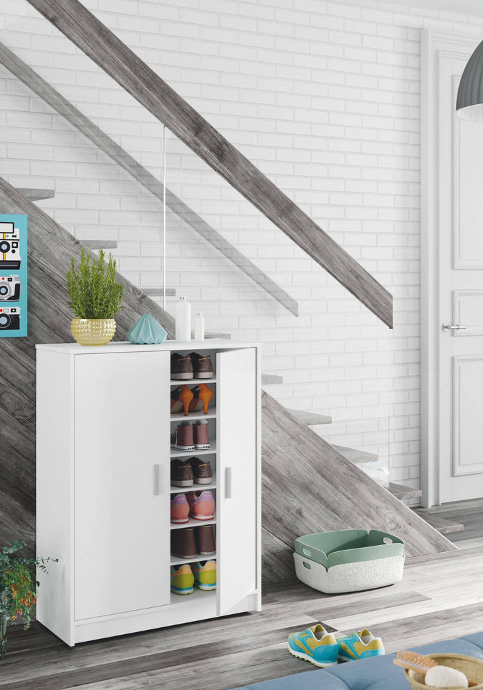 Armadio multiuso Arful, Armadio portascarpe a 2 ante, Mobile basso con 6 ripiani, Scarpiera bassa moderna, cm 75x36h101, Bianco