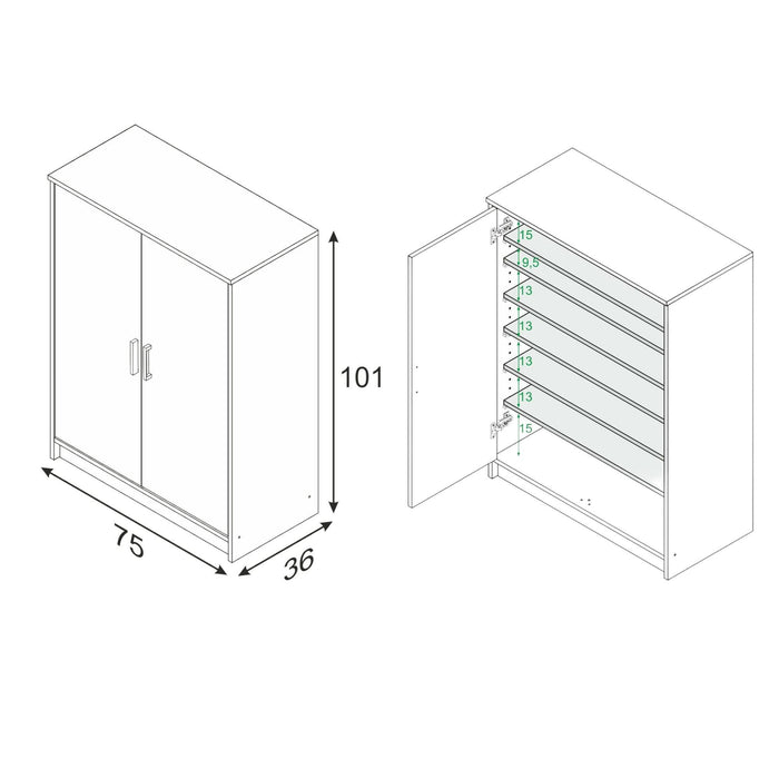 Armadio multiuso Arful, Armadio portascarpe a 2 ante, Mobile basso con 6 ripiani, Scarpiera bassa moderna, cm 75x36h101, Bianco