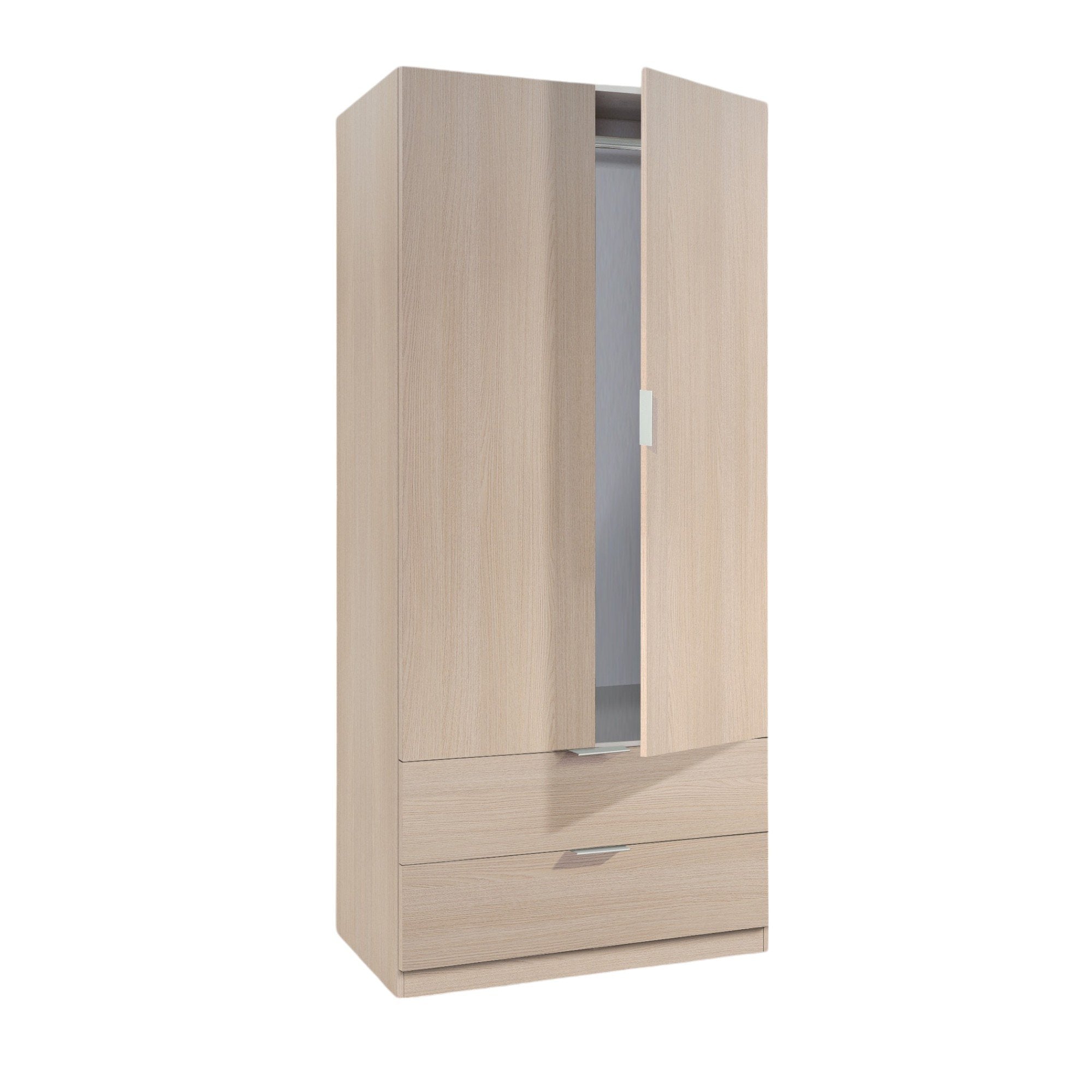 Guardaroba Appadu, Armadio per camera da letto a 2 ante e 2 cassetti, Mobile per camera da letto con barra appendiabiti, cm 81x52h180, Quercia