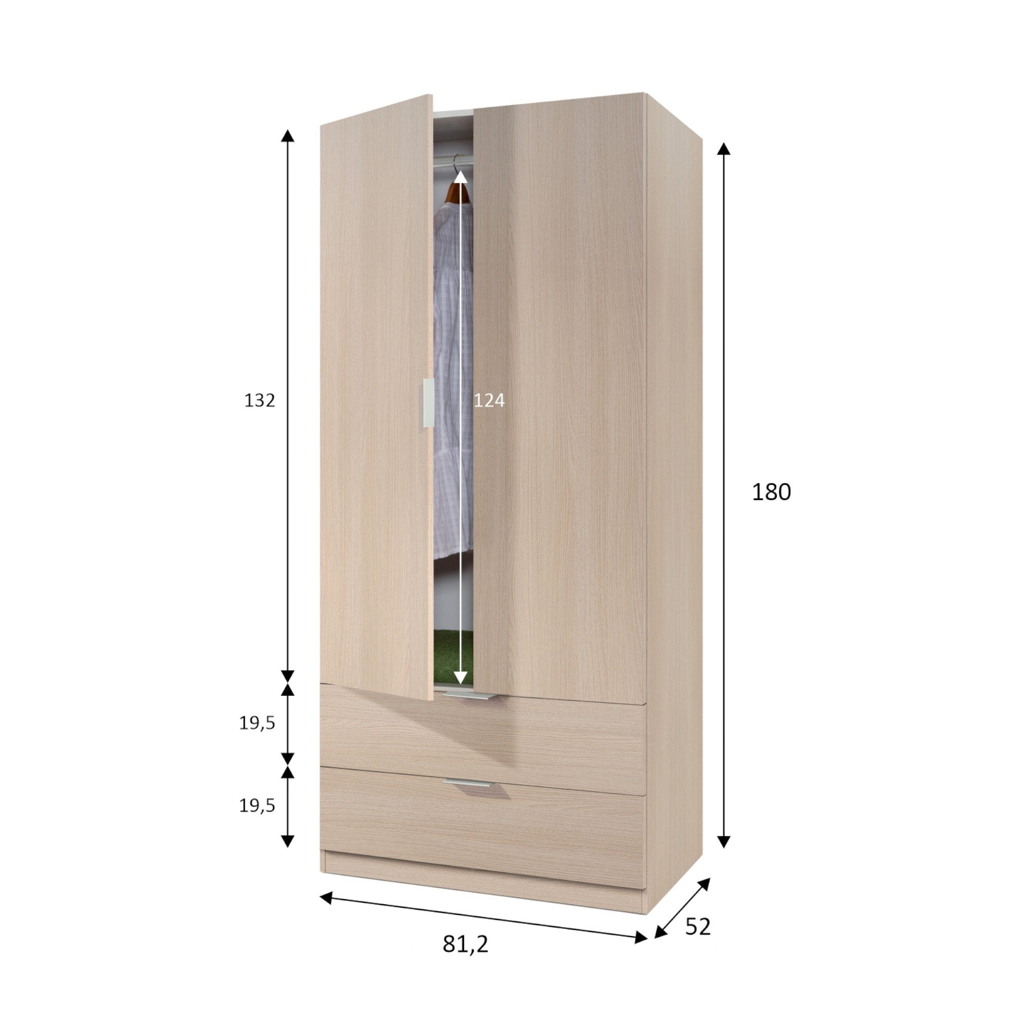 Guardaroba Appadu, Armadio per camera da letto a 2 ante e 2 cassetti, Mobile per camera da letto con barra appendiabiti, cm 81x52h180, Quercia
