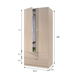 Guardaroba Appadu, Armadio per camera da letto a 2 ante e 2 cassetti, Mobile per camera da letto con barra appendiabiti, cm 81x52h180, Quercia