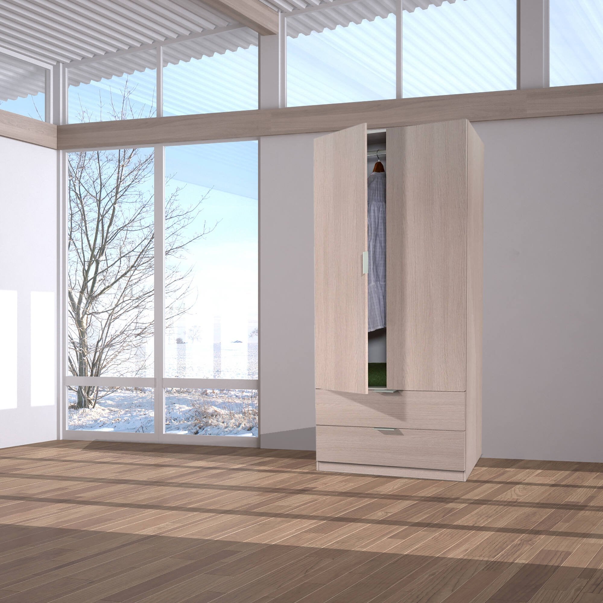 Guardaroba Appadu, Armadio per camera da letto a 2 ante e 2 cassetti, Mobile per camera da letto con barra appendiabiti, cm 81x52h180, Quercia