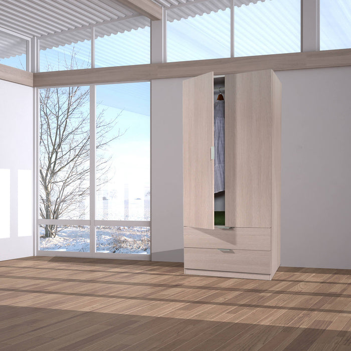 Guardaroba Appadu, Armadio per camera da letto a 2 ante e 2 cassetti, Mobile per camera da letto con barra appendiabiti, cm 81x52h180, Quercia