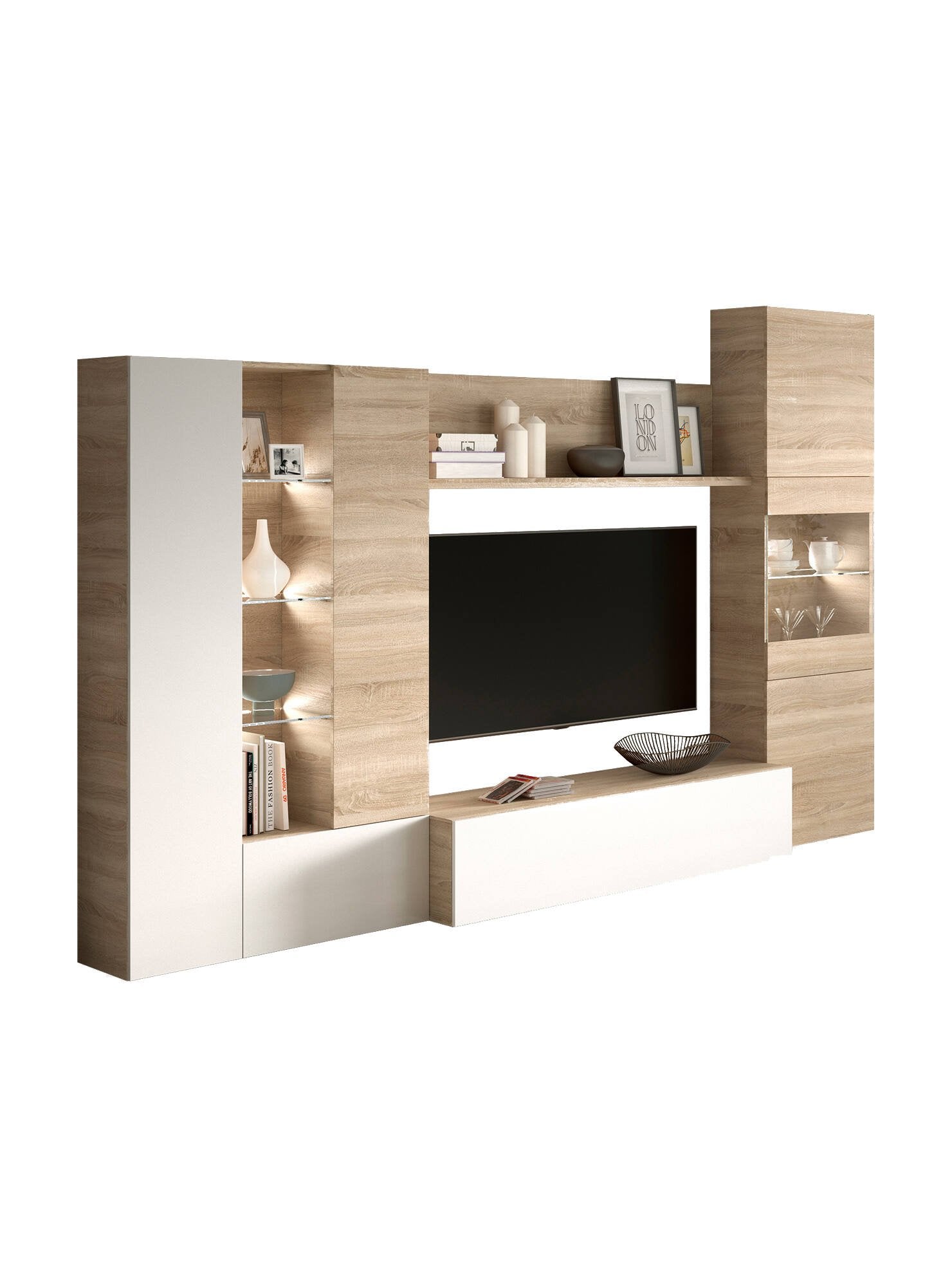 Parete attrezzata Angioletto, Mobile da soggiorno porta TV modulare, Composizione per salotto con pensili e vetrine con luce led, cm 260x42h185, Rovere e Bianco