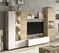 Parete attrezzata Angioletto, Mobile da soggiorno porta TV modulare, Composizione per salotto con pensili e vetrine con luce led, cm 260x42h185, Rovere e Bianco