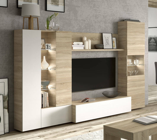 Parete attrezzata Angioletto, Mobile da soggiorno porta TV modulare, Composizione per salotto con pensili e vetrine con luce led, cm 260x42h185, Rovere e Bianco