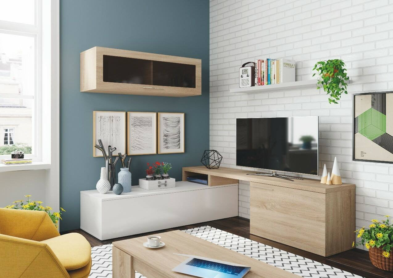 Parete attrezzata Amitraz, Mobile da soggiorno porta TV, Composizione per salotto reversibile, Set salotto ad angolo, cm 200x41h44, Rovere e Bianco lucido