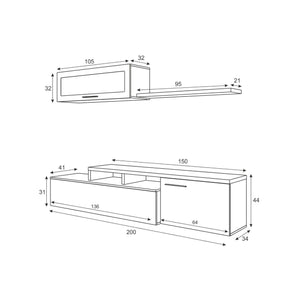 Parete attrezzata Amitraz, Mobile da soggiorno porta TV, Composizione per salotto reversibile, Set salotto ad angolo, cm 200x41h44, Rovere e Bianco lucido