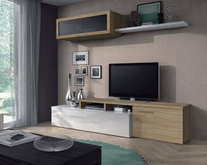 Parete attrezzata Amitraz, Mobile da soggiorno porta TV, Composizione per salotto reversibile, Set salotto ad angolo, cm 200x41h44, Rovere e Bianco lucido