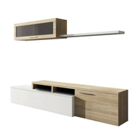 Parete attrezzata Amitraz, Mobile da soggiorno porta TV, Composizione per salotto reversibile, Set salotto ad angolo, cm 200x41h44, Rovere e Bianco lucido