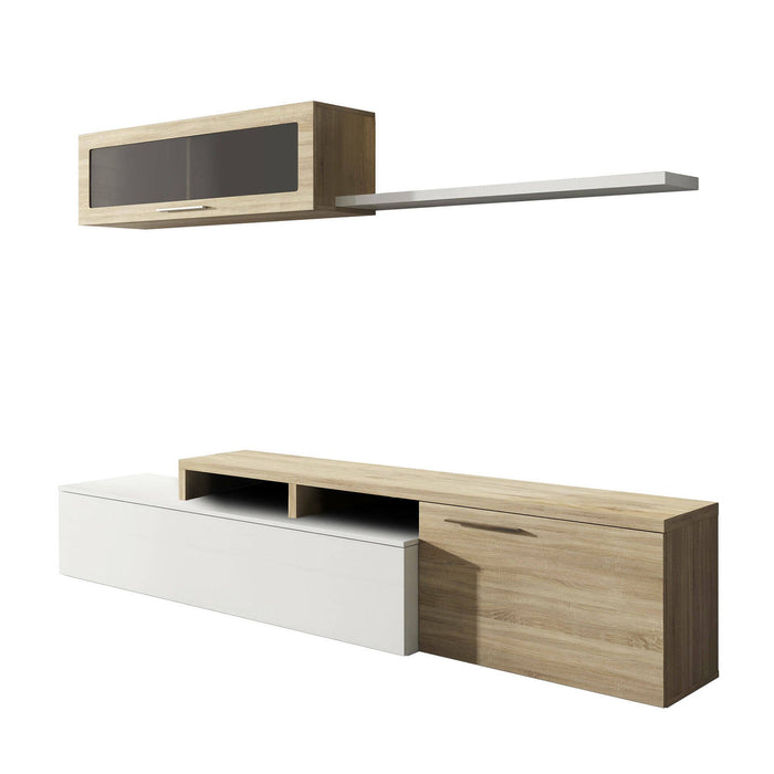 Parete attrezzata Amitraz, Mobile da soggiorno porta TV, Composizione per salotto reversibile, Set salotto ad angolo, cm 200x41h44, Rovere e Bianco lucido