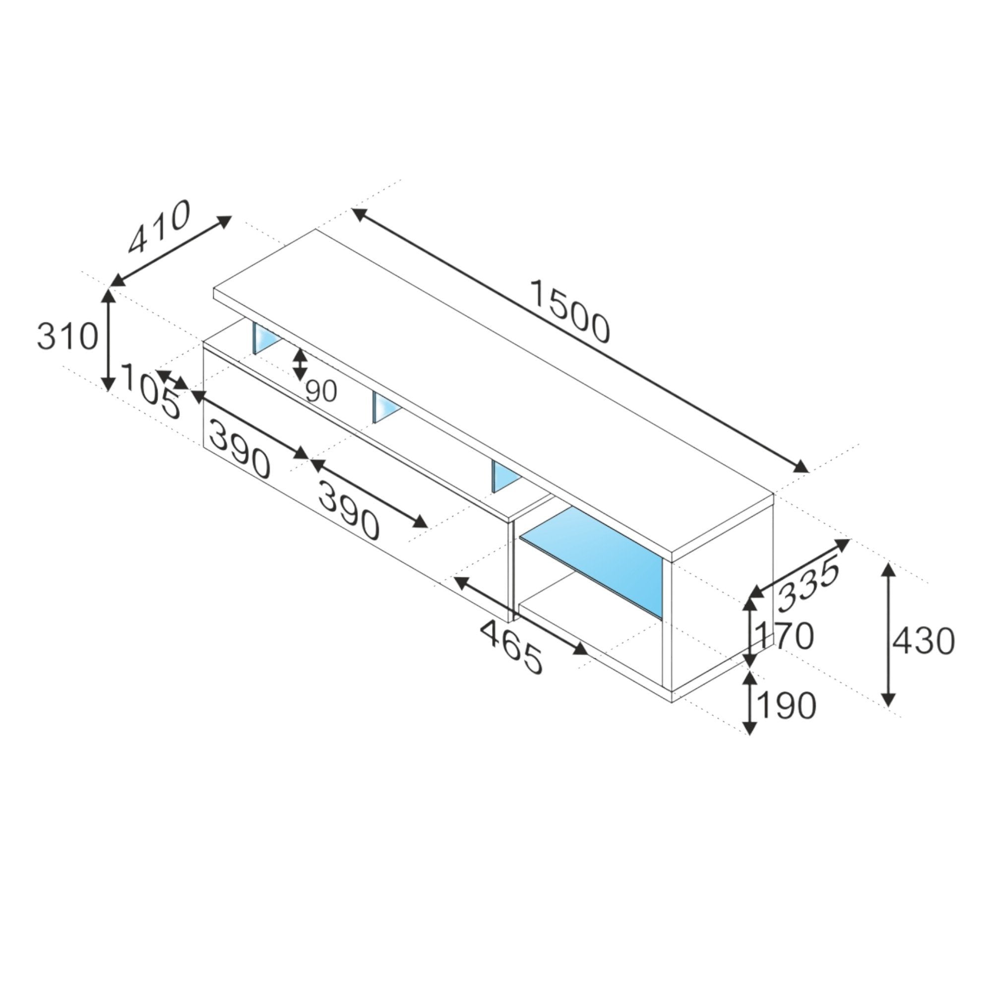 Mobile porta TV Amiuty, Credenza per televisione da soggiorno con 1 anta, Supporto TV con luce led, Buffet da salotto, cm 150x41h50, Bianco lucido