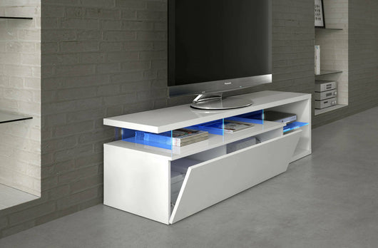 Mobile porta TV Amiuty, Credenza per televisione da soggiorno con 1 anta, Supporto TV con luce led, Buffet da salotto, cm 150x41h50, Bianco lucido