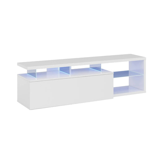 Mobile porta TV Amiuty, Credenza per televisione da soggiorno con 1 anta, Supporto TV con luce led, Buffet da salotto, cm 150x41h50, Bianco lucido