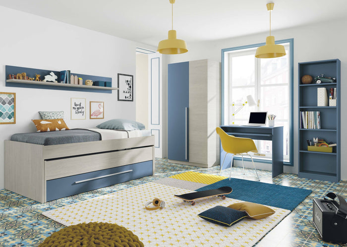 Guardaroba Alpine, Armadio per camera da letto a 2 ante battenti, Mobile con 3 ripiani e barra appendiabiti, cm 90x52h200, Bianco e Blu