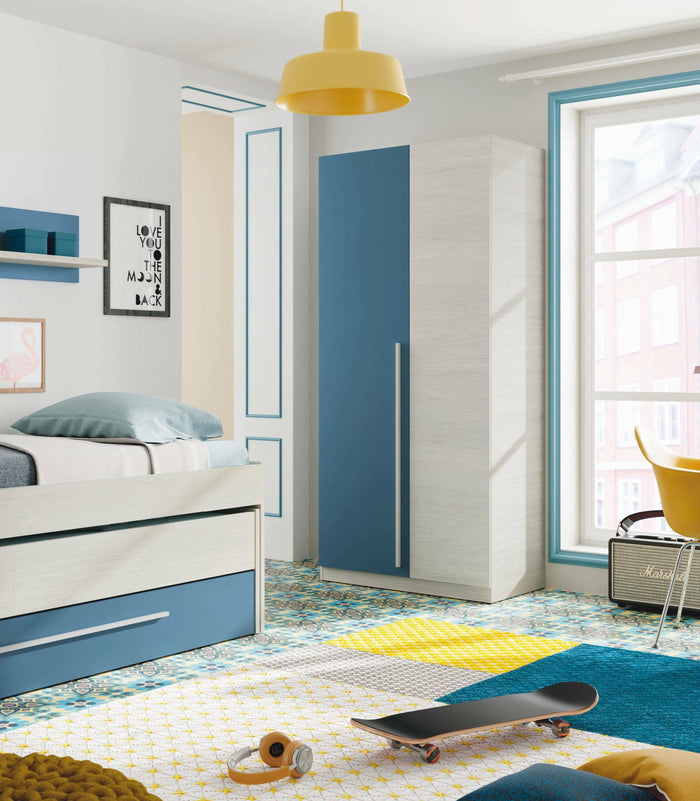 Guardaroba Alpine, Armadio per camera da letto a 2 ante battenti, Mobile con 3 ripiani e barra appendiabiti, cm 90x52h200, Bianco e Blu