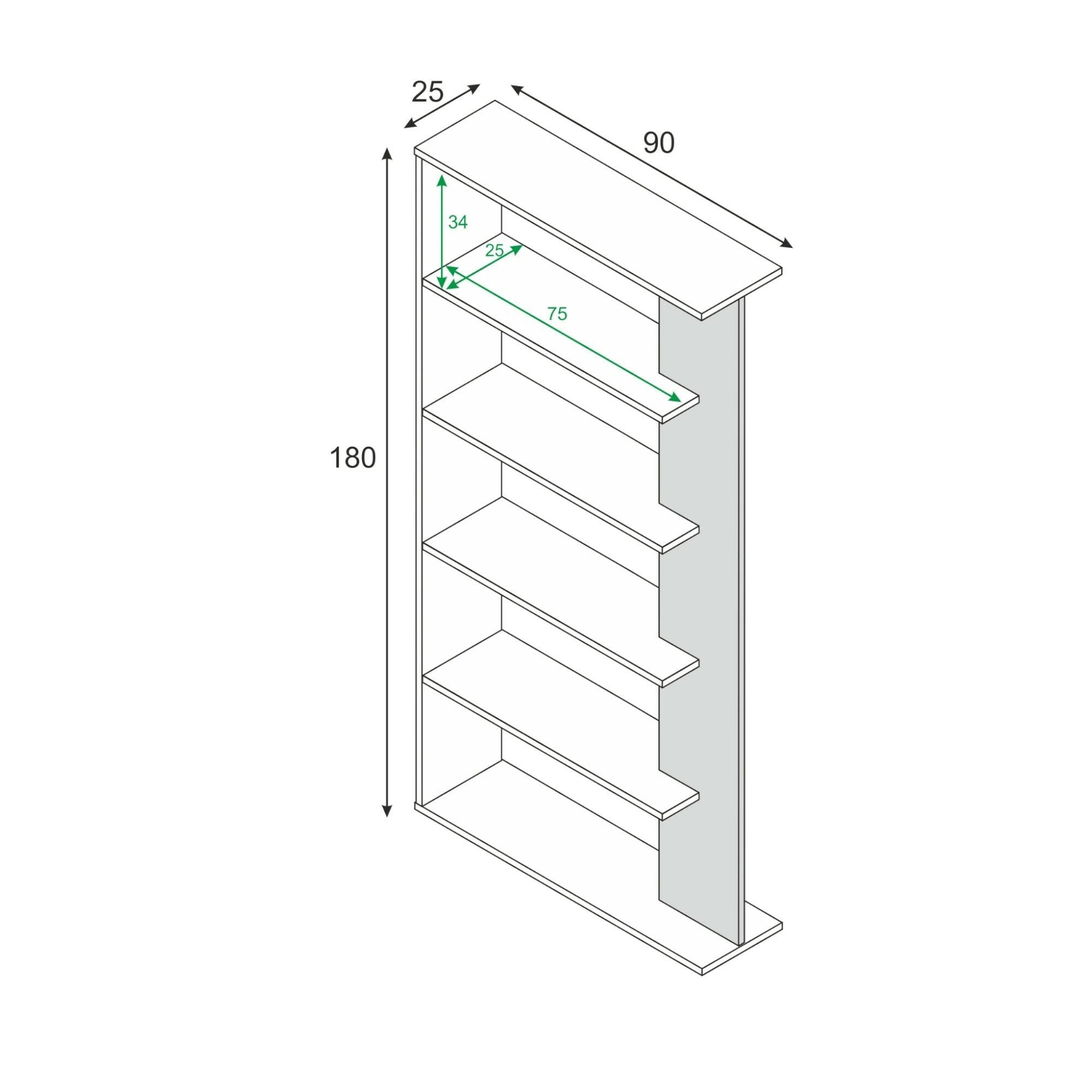 Libreria Eolo, Mobile portalibri bifacciale a 5 ripiani, Scaffale divisorio da ufficio o cameretta, cm 90x25h180, Bianco e Rovere