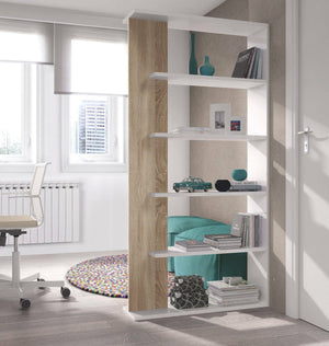 Libreria Eolo, Mobile portalibri bifacciale a 5 ripiani, Scaffale divisorio da ufficio o cameretta, cm 90x25h180, Bianco e Rovere