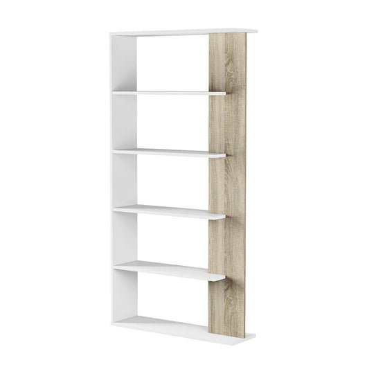 Libreria Eolo, Mobile portalibri bifacciale a 5 ripiani, Scaffale divisorio da ufficio o cameretta, cm 90x25h180, Bianco e Rovere
