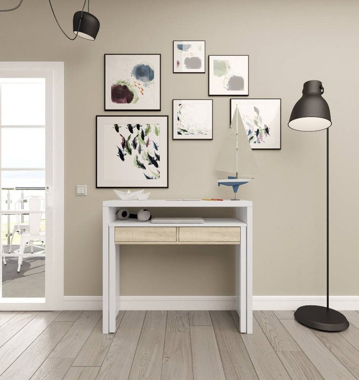 Consolle Andriy, Scrivania con piano estensibile, Scrittoio porta PC con 2 cassetti, cm 99x36h88, Bianco e Rovere