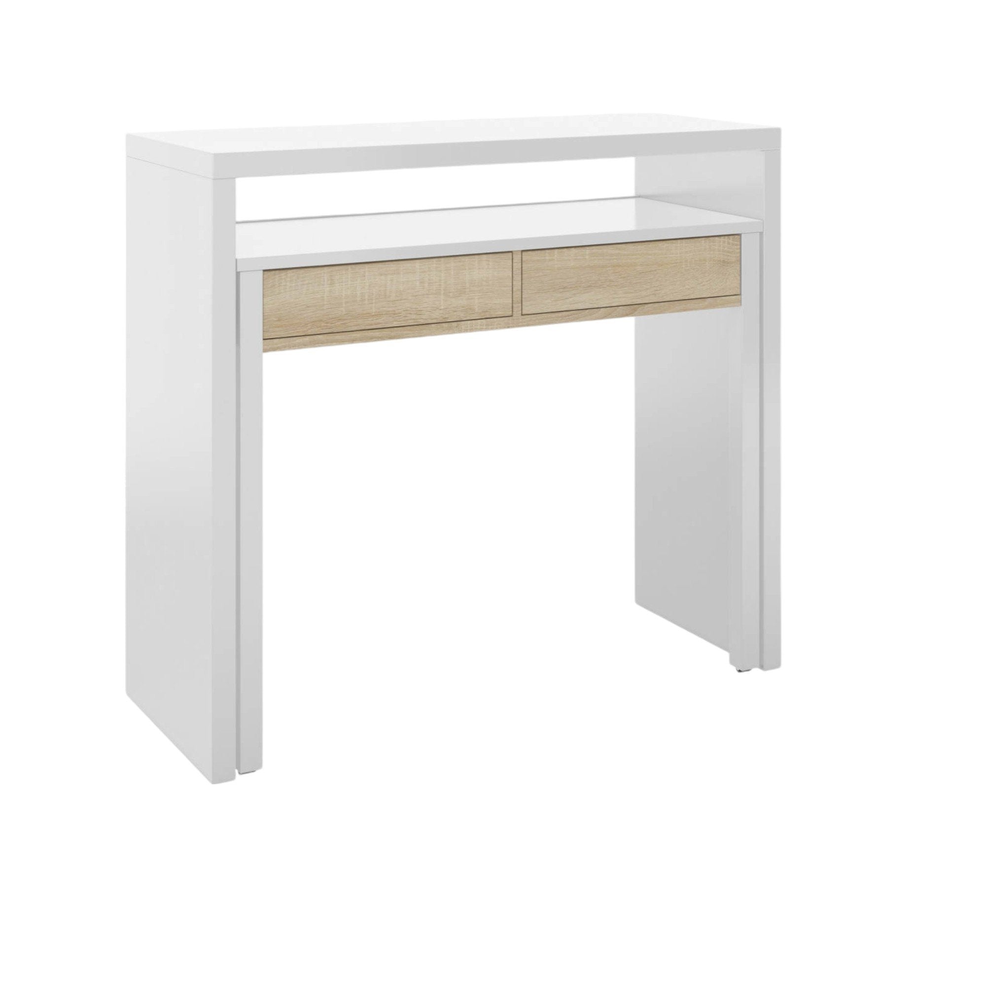 Consolle Andriy, Scrivania con piano estensibile, Scrittoio porta PC con 2 cassetti, cm 99x36h88, Bianco e Rovere