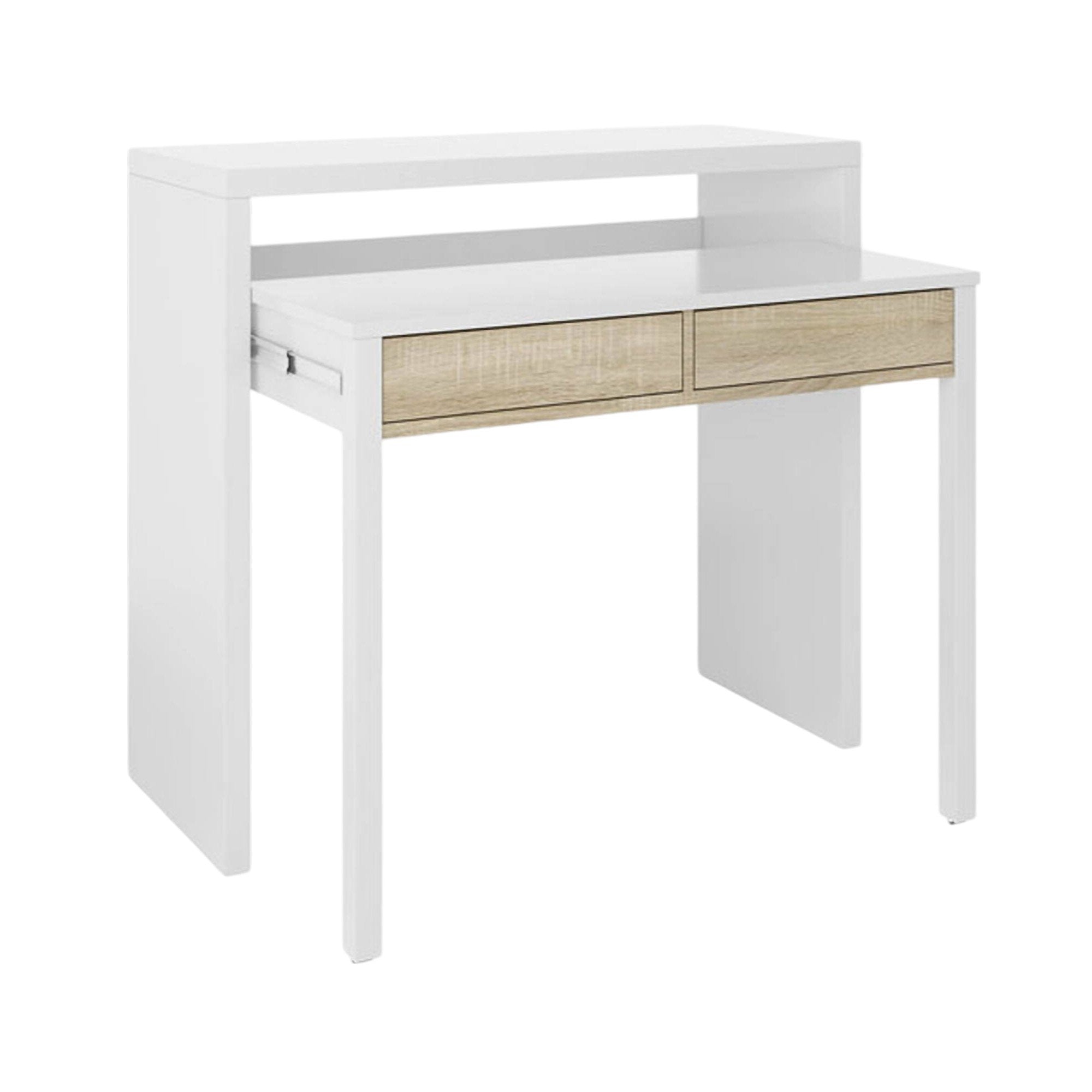 Consolle Andriy, Scrivania con piano estensibile, Scrittoio porta PC con 2 cassetti, cm 99x36h88, Bianco e Rovere