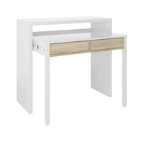 Consolle Andriy, Scrivania con piano estensibile, Scrittoio porta PC con 2 cassetti, cm 99x36h88, Bianco e Rovere