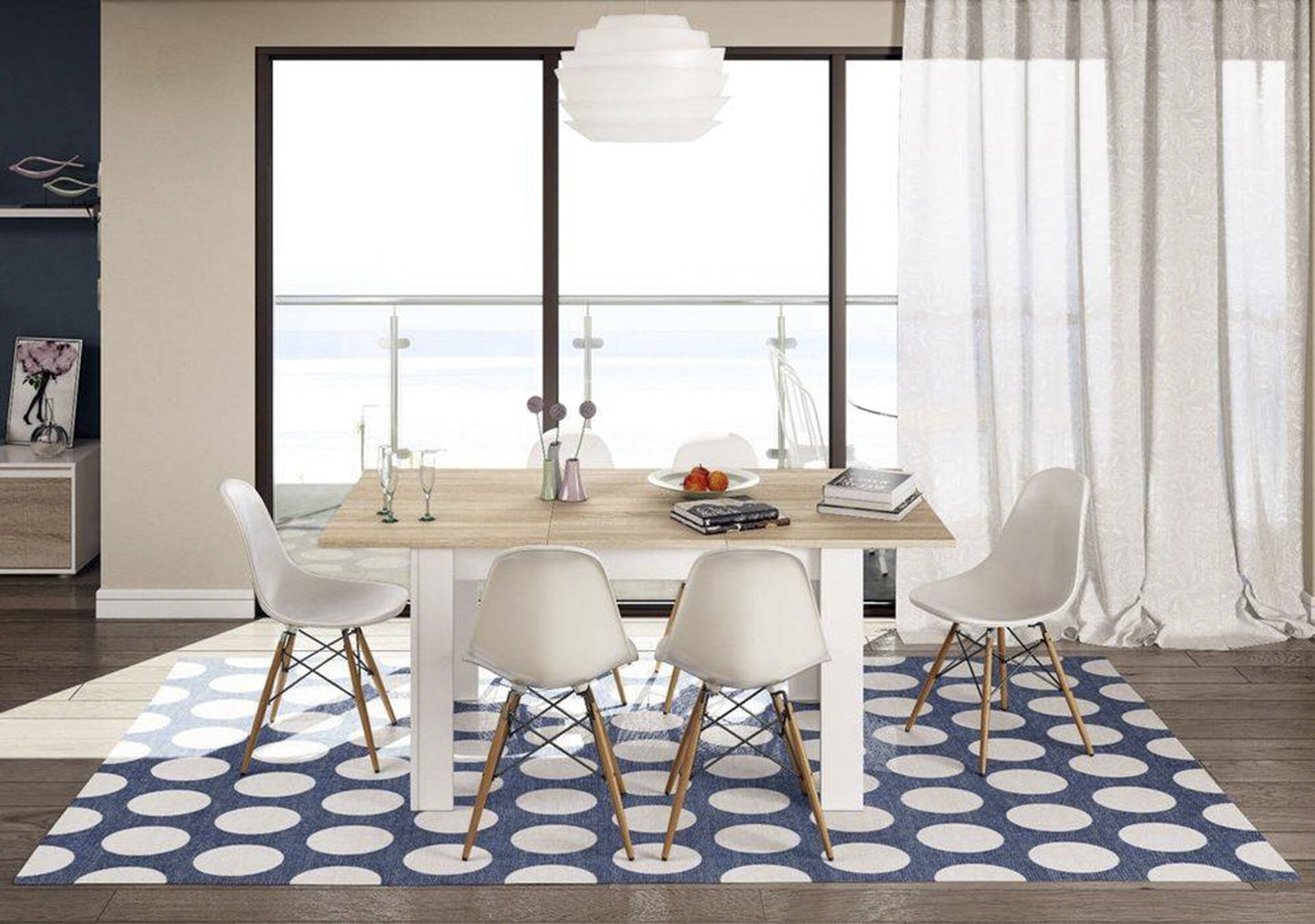 Tavolo allungabile Abudula, Tavolo per sala da pranzo allungabile, Tavolo da pranzo estensibile con allunga, cm 140/190x90h78, Rovere e Bianco