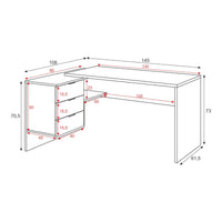 Scrivania Agnello, Scrittoio reversibile da ufficio con cassettiera, Tavolo da studio o ufficio porta PC ad angolo, cm 145x108h73, Rovere e Bianco