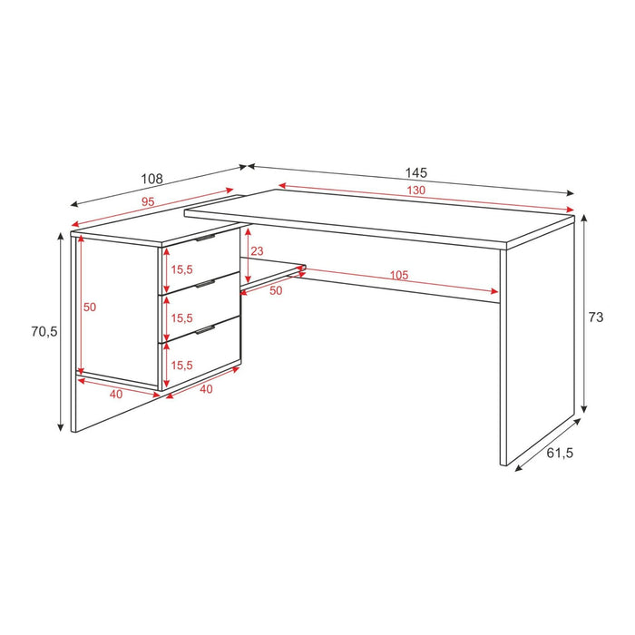 Scrivania Agnello, Scrittoio reversibile da ufficio con cassettiera, Tavolo da studio o ufficio porta PC ad angolo, cm 145x108h73, Rovere e Bianco