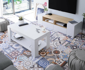 Mobile porta TV Ebe, Credenza per televisione da soggiorno, Supporto per televisione moderno, Credenza bassa multiuso, cm 138x42h36, Bianco e Rovere