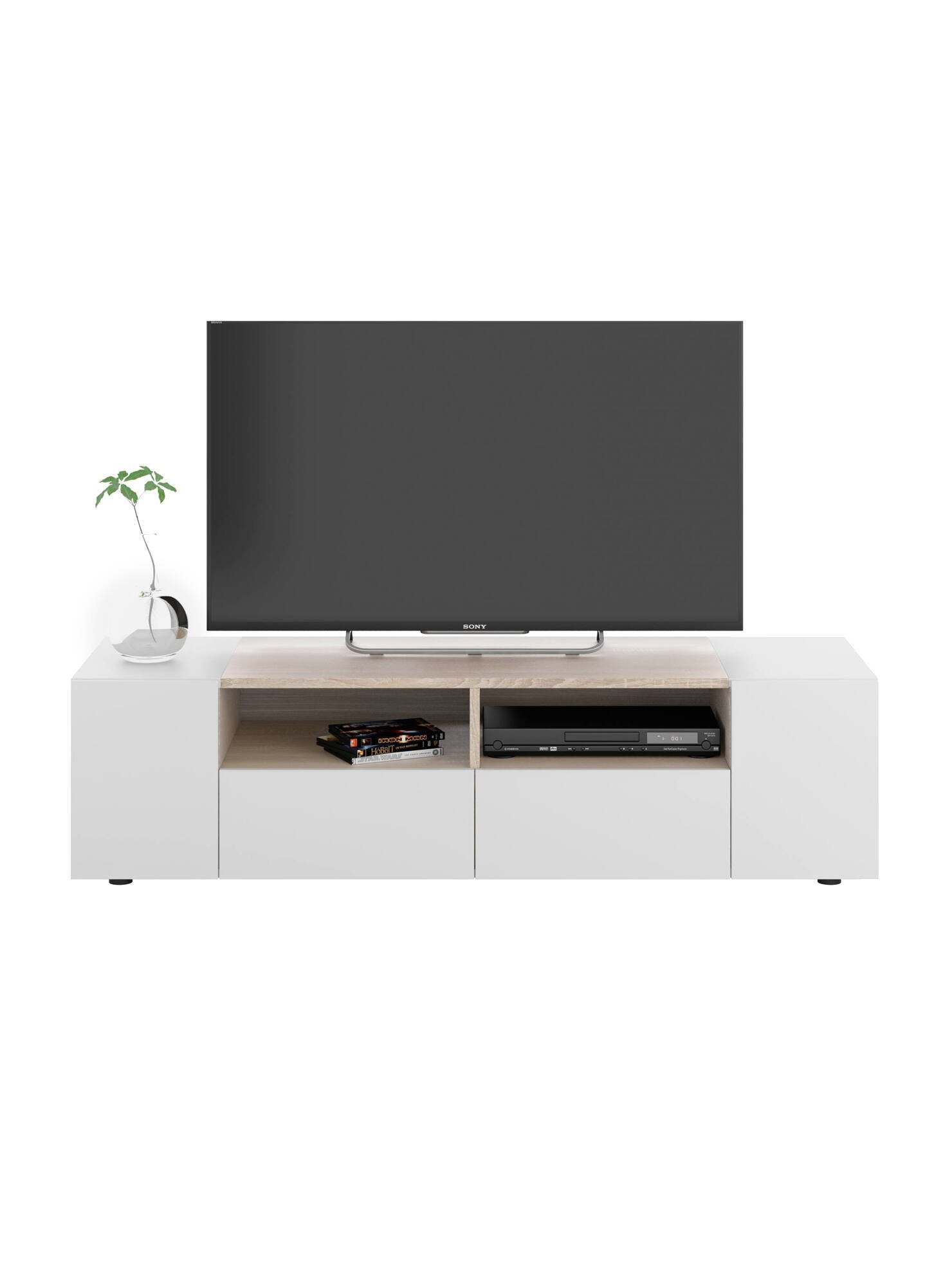 Mobile porta TV Ebe, Credenza per televisione da soggiorno, Supporto per televisione moderno, Credenza bassa multiuso, cm 138x42h36, Bianco e Rovere