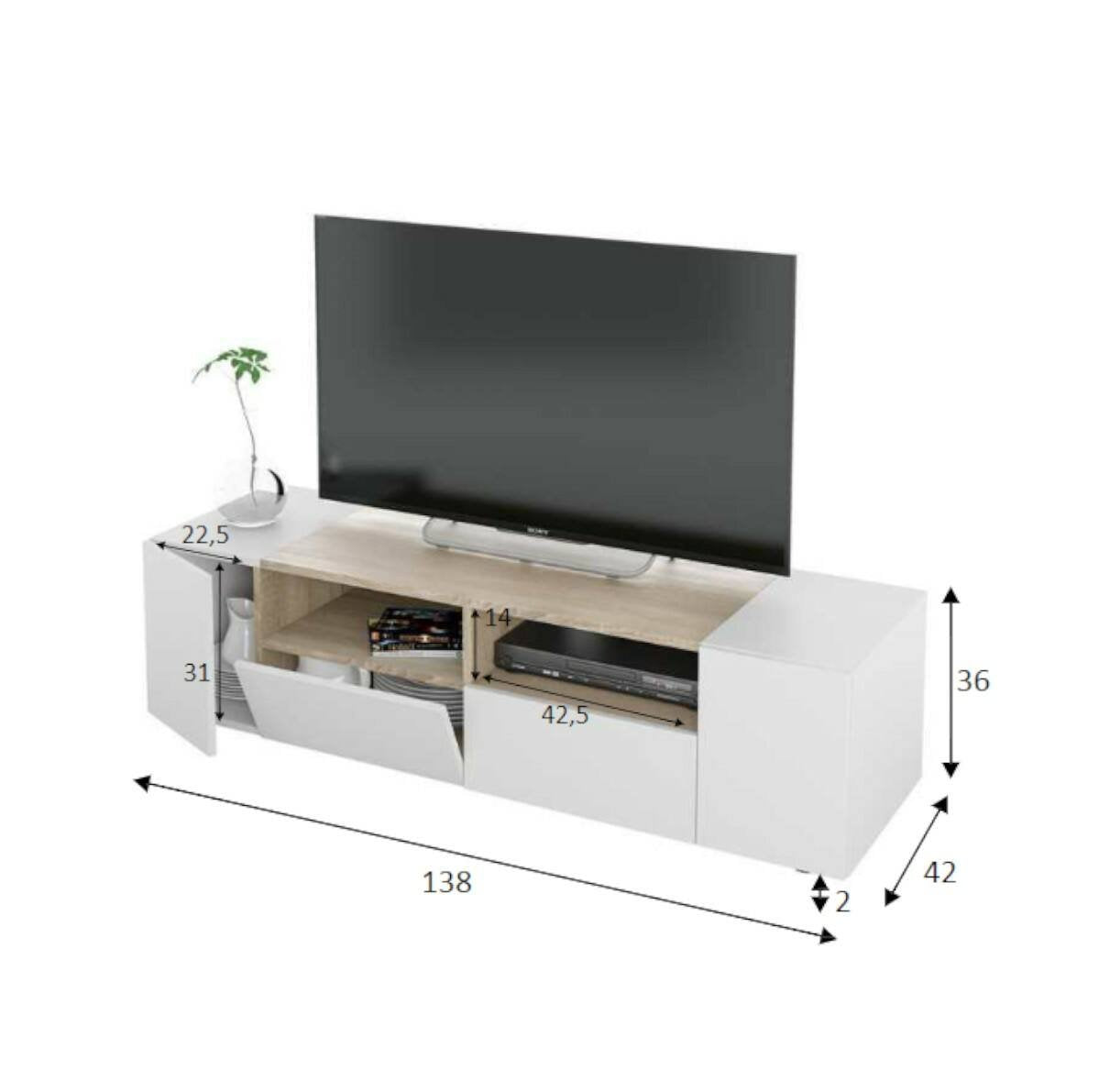 Mobile porta TV Ebe, Credenza per televisione da soggiorno, Supporto per televisione moderno, Credenza bassa multiuso, cm 138x42h36, Bianco e Rovere