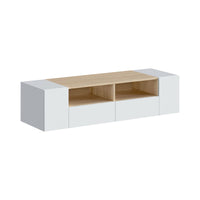 Mobile porta TV Ebe, Credenza per televisione da soggiorno, Supporto per televisione moderno, Credenza bassa multiuso, cm 138x42h36, Bianco e Rovere