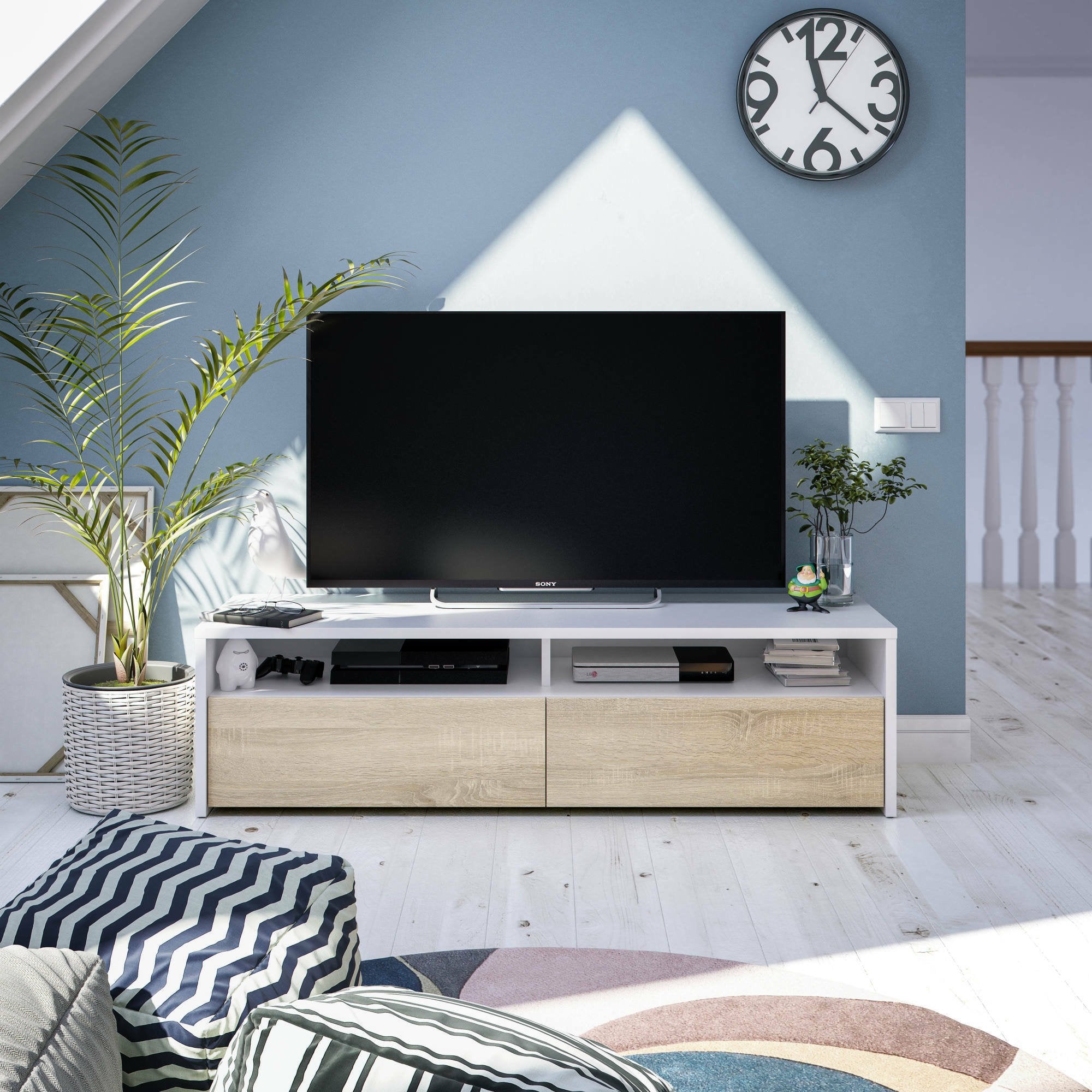 Mobile porta TV Ahuri, Credenza per televisione da soggiorno con 2 ante, Supporto TV, Buffet moderno basso da salotto, cm 130x40h36, Bianco lucido