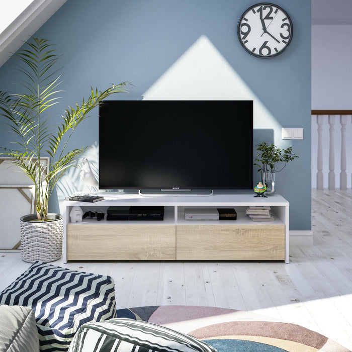 Mobile porta TV Ahuri, Credenza per televisione da soggiorno con 2 ante, Supporto TV, Buffet moderno basso da salotto, cm 130x40h36, Bianco lucido