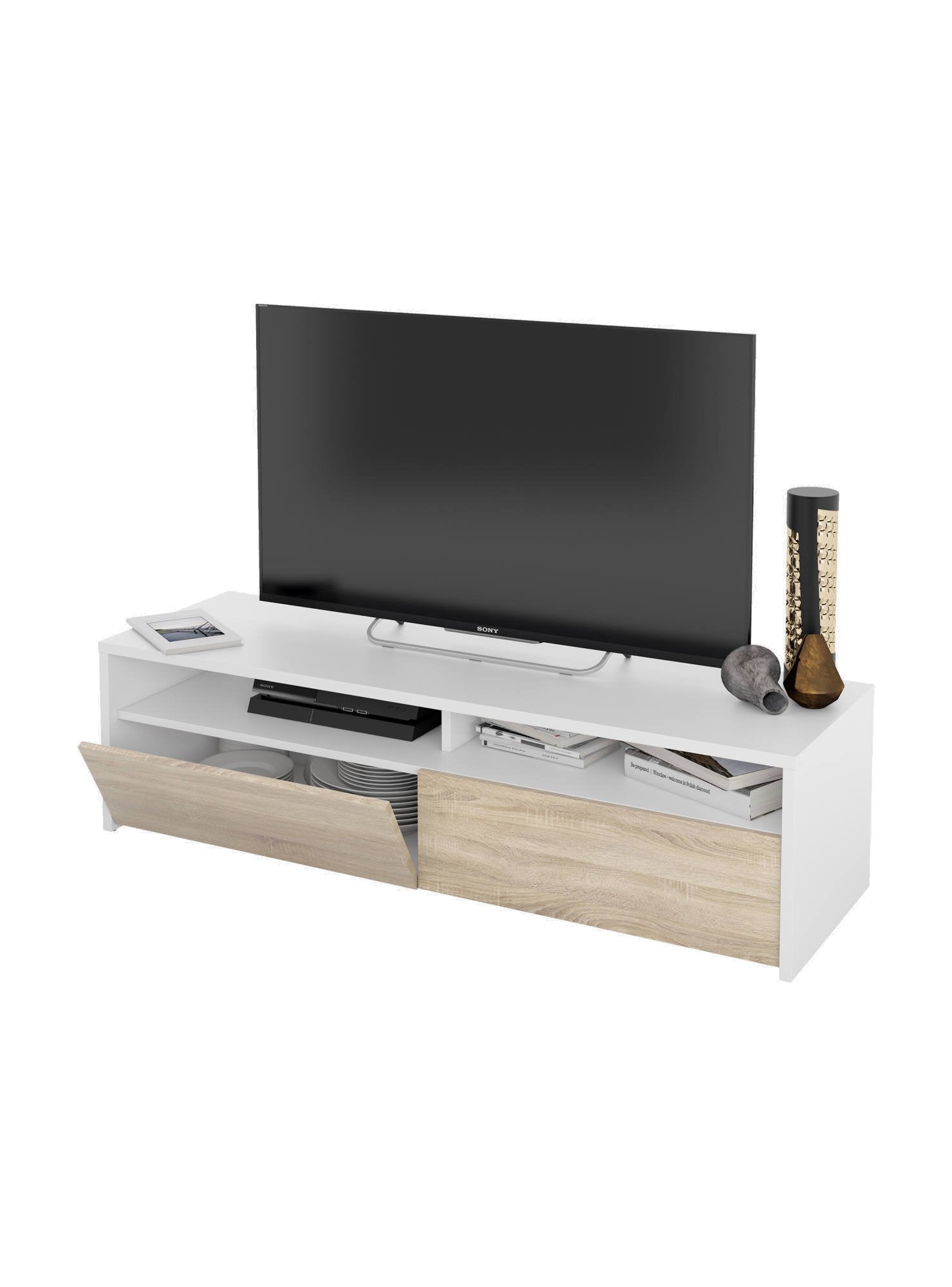 Mobile porta TV Ahuri, Credenza per televisione da soggiorno con 2 ante, Supporto TV, Buffet moderno basso da salotto, cm 130x40h36, Bianco lucido