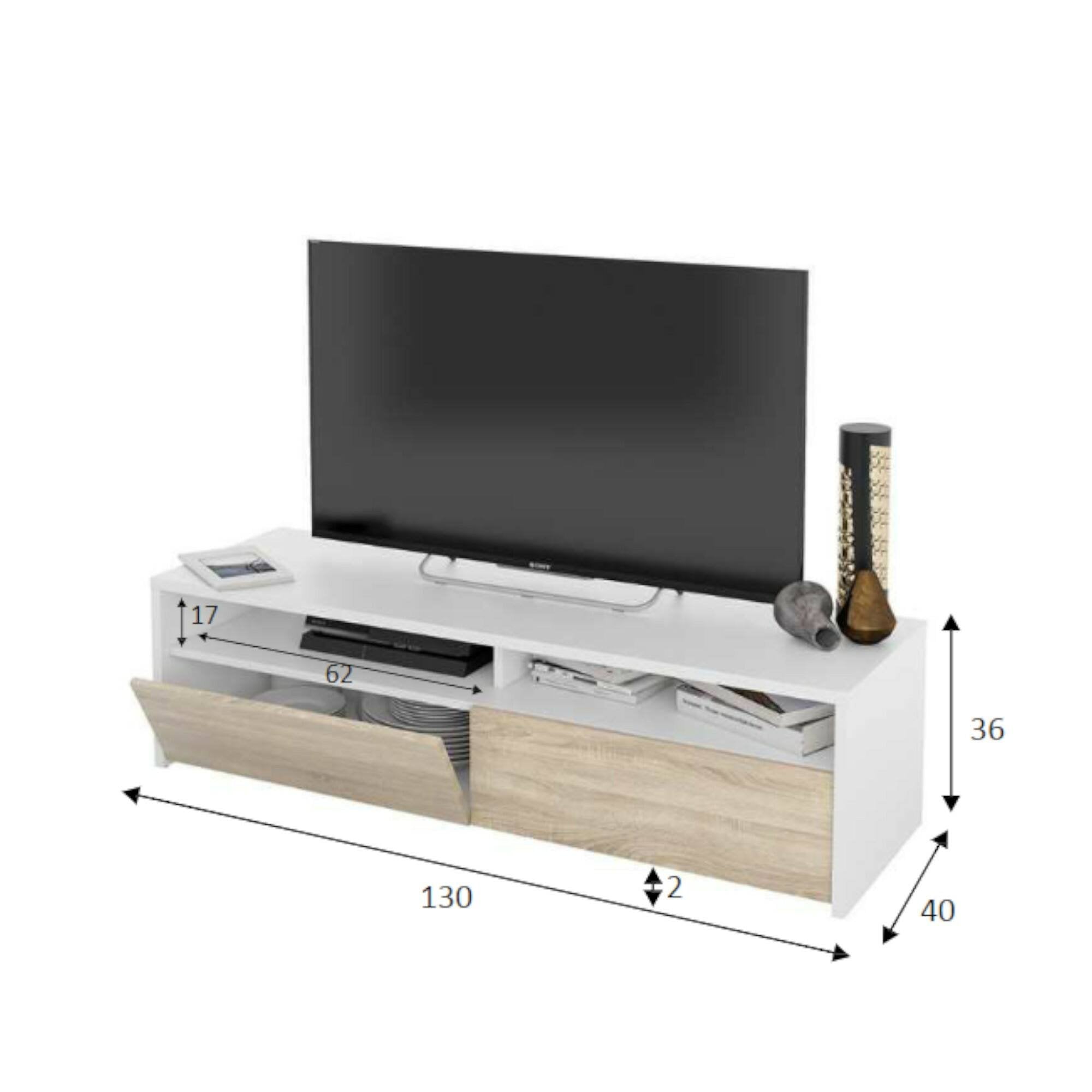Mobile porta TV Ahuri, Credenza per televisione da soggiorno con 2 ante, Supporto TV, Buffet moderno basso da salotto, cm 130x40h36, Bianco lucido