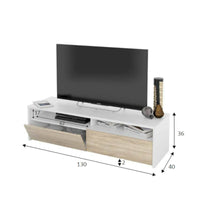 Mobile porta TV Ahuri, Credenza per televisione da soggiorno con 2 ante, Supporto TV, Buffet moderno basso da salotto, cm 130x40h36, Bianco lucido