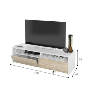 Mobile porta TV Ahuri, Credenza per televisione da soggiorno con 2 ante, Supporto TV, Buffet moderno basso da salotto, cm 130x40h36, Bianco lucido