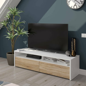 Mobile porta TV Ahuri, Credenza per televisione da soggiorno con 2 ante, Supporto TV, Buffet moderno basso da salotto, cm 130x40h36, Bianco lucido