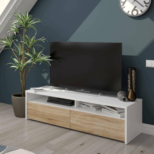 Mobile porta TV Ahuri, Credenza per televisione da soggiorno con 2 ante, Supporto TV, Buffet moderno basso da salotto, cm 130x40h36, Bianco lucido