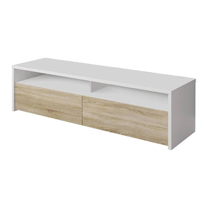 Mobile porta TV Ahuri, Credenza per televisione da soggiorno con 2 ante, Supporto TV, Buffet moderno basso da salotto, cm 130x40h36, Bianco lucido