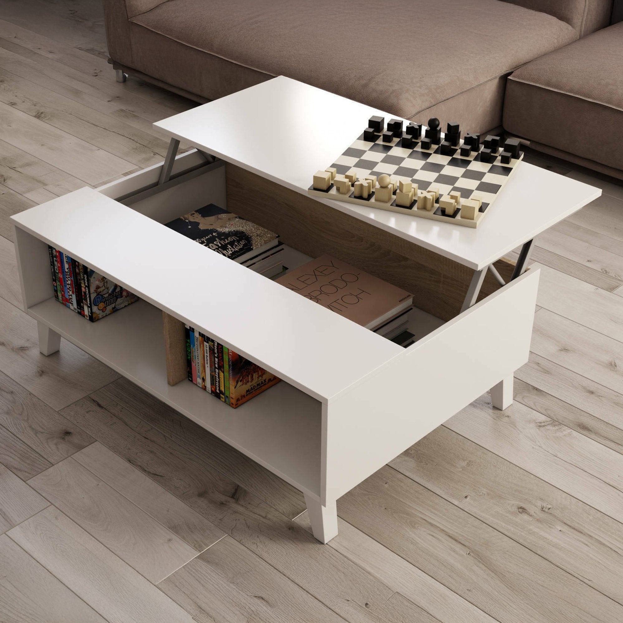 Tavolino da salotto Parche, Tavolino da caffÒ¨, Tavolo basso da soggiorno, cm 100x68h38, Bianco lucido e Rovere