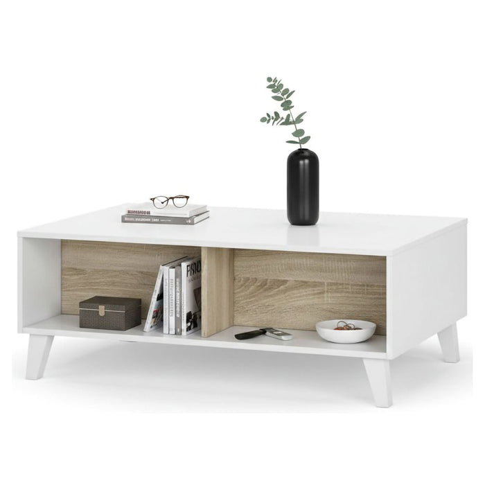 Tavolino da salotto Parche, Tavolino da caffÒ¨, Tavolo basso da soggiorno, cm 100x68h38, Bianco lucido e Rovere