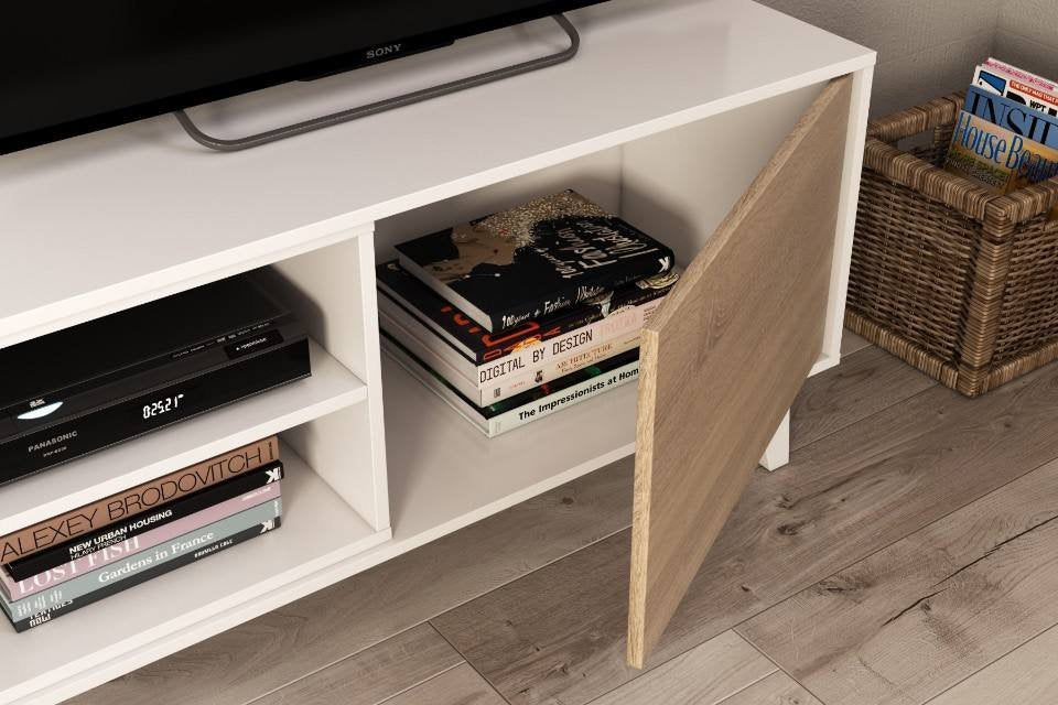 Parete attrezzata Aslan, Mobile da soggiorno porta TV, Composizione per salotto con pensile, cm 180x41h51, Bianco e Rovere