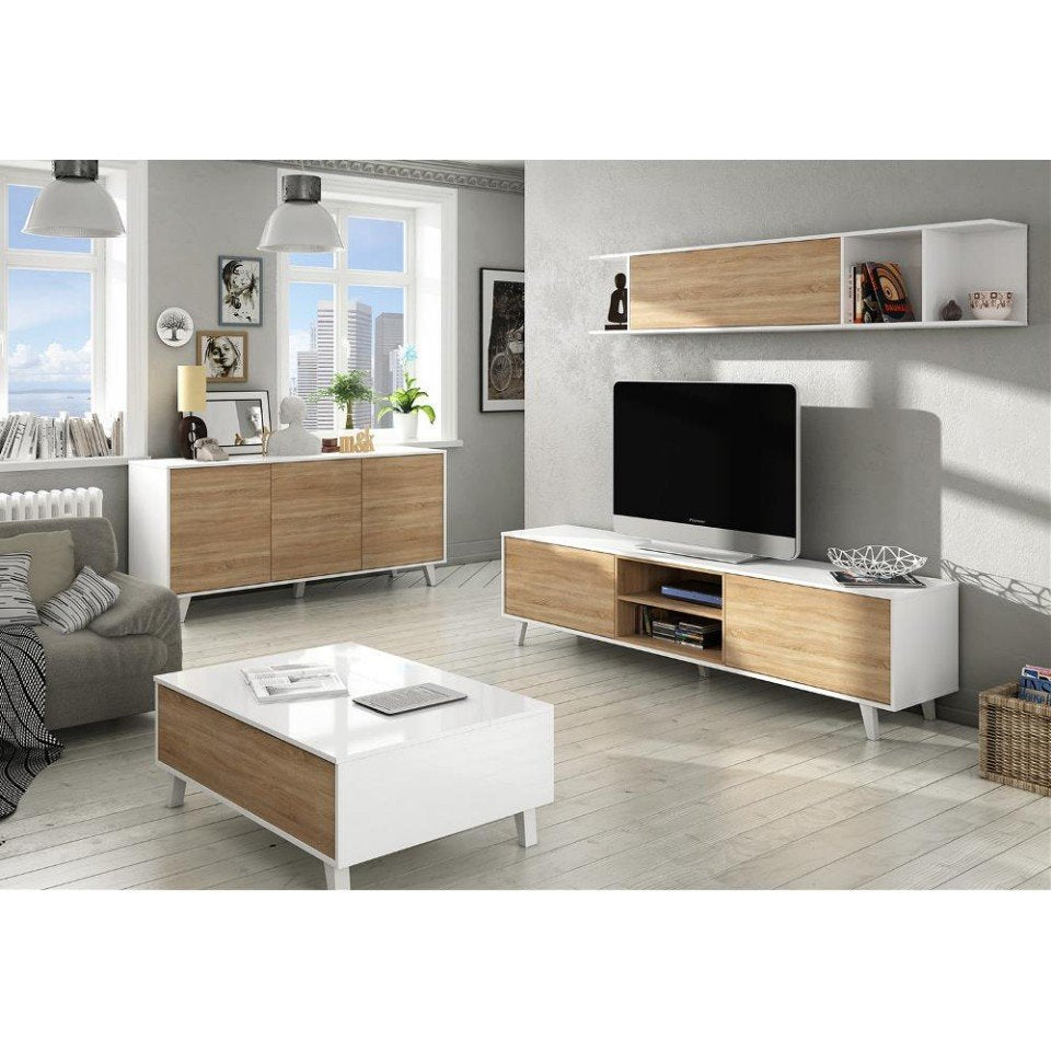 Parete attrezzata Aslan, Mobile da soggiorno porta TV, Composizione per salotto con pensile, cm 180x41h51, Bianco e Rovere
