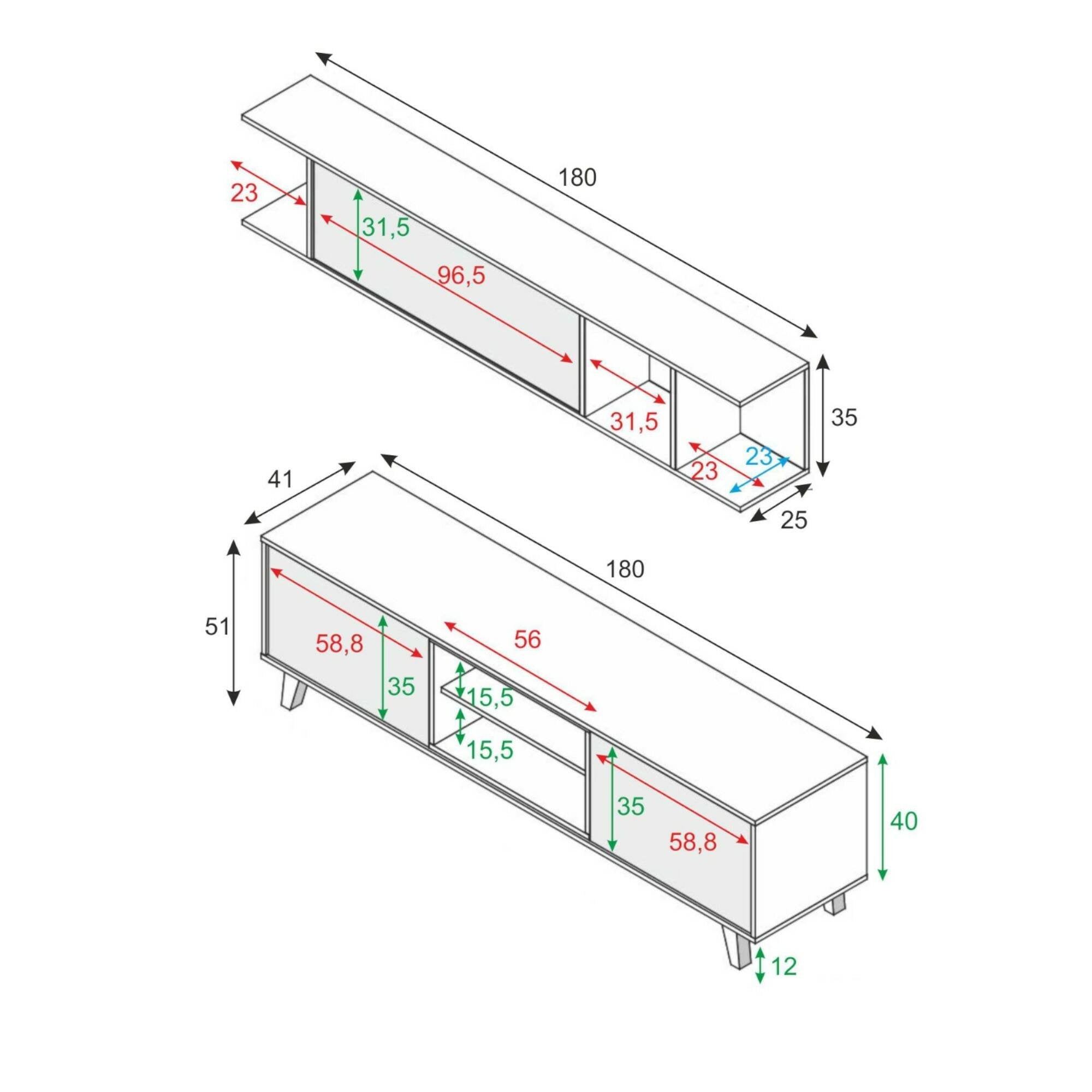 Parete attrezzata Aslan, Mobile da soggiorno porta TV, Composizione per salotto con pensile, cm 180x41h51, Bianco e Rovere