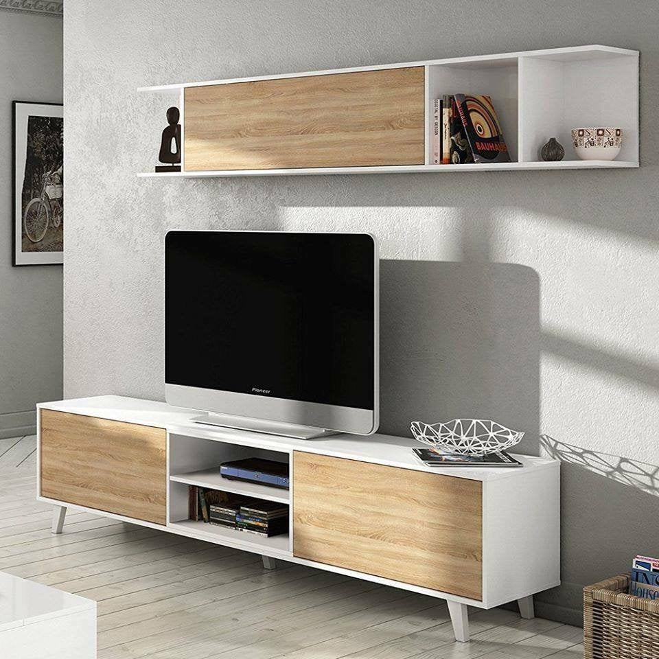 Parete attrezzata Aslan, Mobile da soggiorno porta TV, Composizione per salotto con pensile, cm 180x41h51, Bianco e Rovere